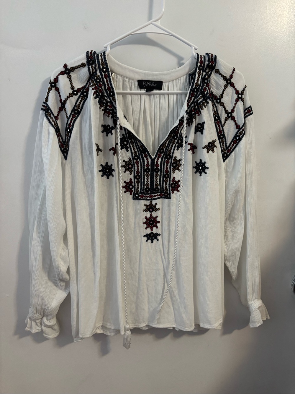RD KoKo  White Embroidered Boho Tunic with Black & Burgundy Detail